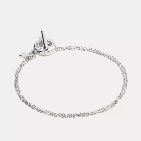 COACH Silver Toggle Bracelet double strand tag open circle signature chain charm - Picture 7 of 7